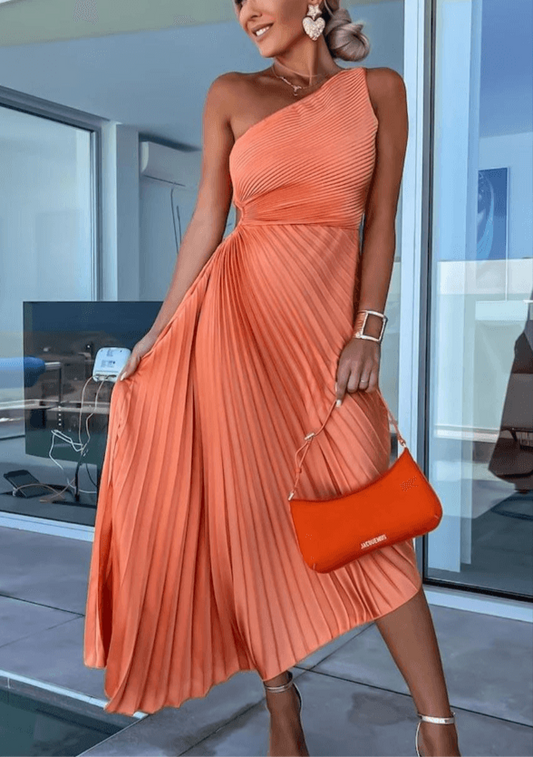Women’s One Shoulder Pleated Maxi Dress