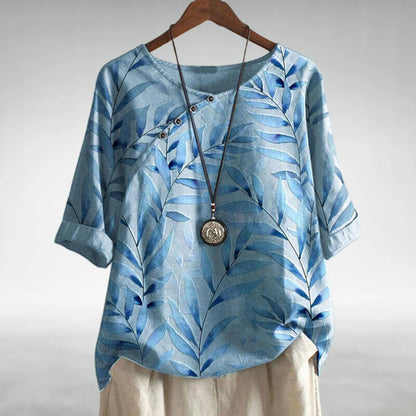 Casual Leaf Print Button Blouse for Women