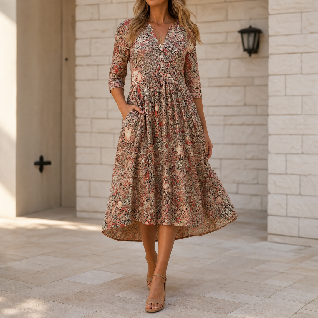 Lirenne™ – Vestido midi floral favorecedor con bolsillos