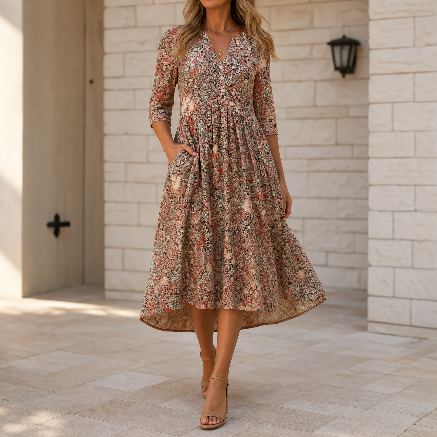Lirenne™ – Flattering Floral Midi Dress with Pockets
