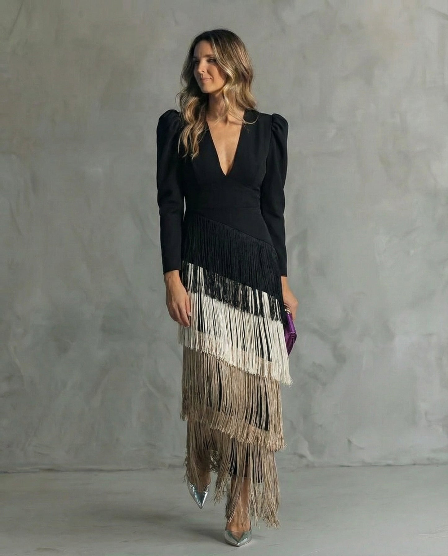 Clara · Elegant dress with fringe sleeves