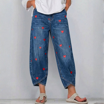 ROMINA | HEART-PRINT DENIM ANKLE TROUSERS