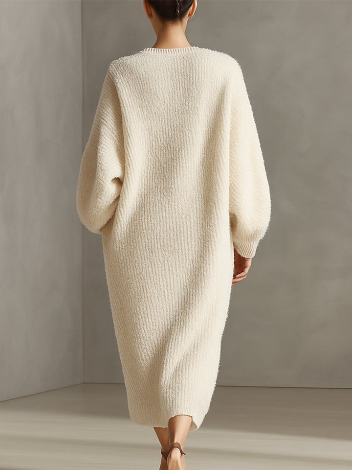 Women's Cream Elegant Faux Mink Knit Asymmetric Slit Midi Dress