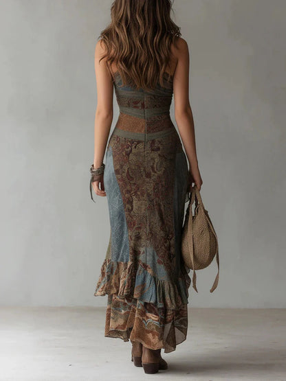 Marianna | Asymmetrical long dress with ethnic print and side slit