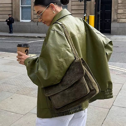 Women’s Relaxed Fit Oversized Leather Bomber Jacket