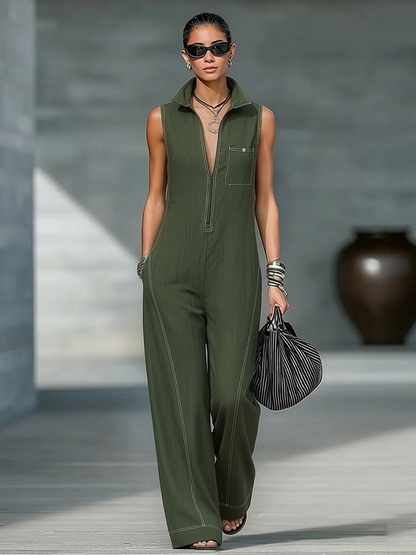 Women's Minimalist Loose-fitting White Trim Sleeveless Jumpsuit