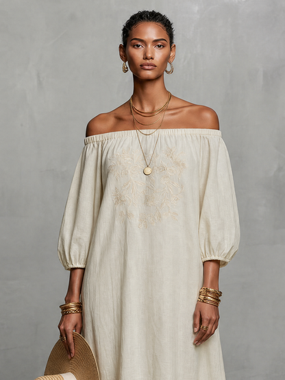 Women's Minimalist Off-the-shoulder Three-quarter Sleeve Embroidered Maxi Dress