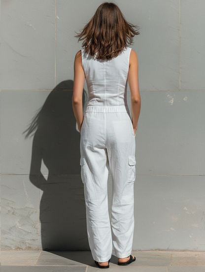 Women's Minimalist Cotton Blend Single-breasted Sleeveless Jumpsuit