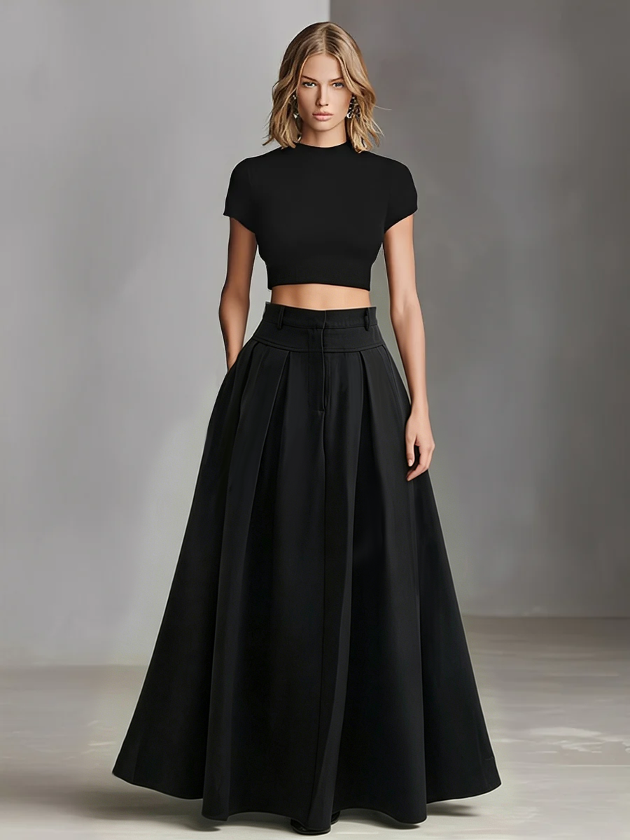 Women's Black Stretch-Knit & Woven Set With Cropped Top & Maxi Dress, Timeless Sleek-Chic Style Set (without Belt)