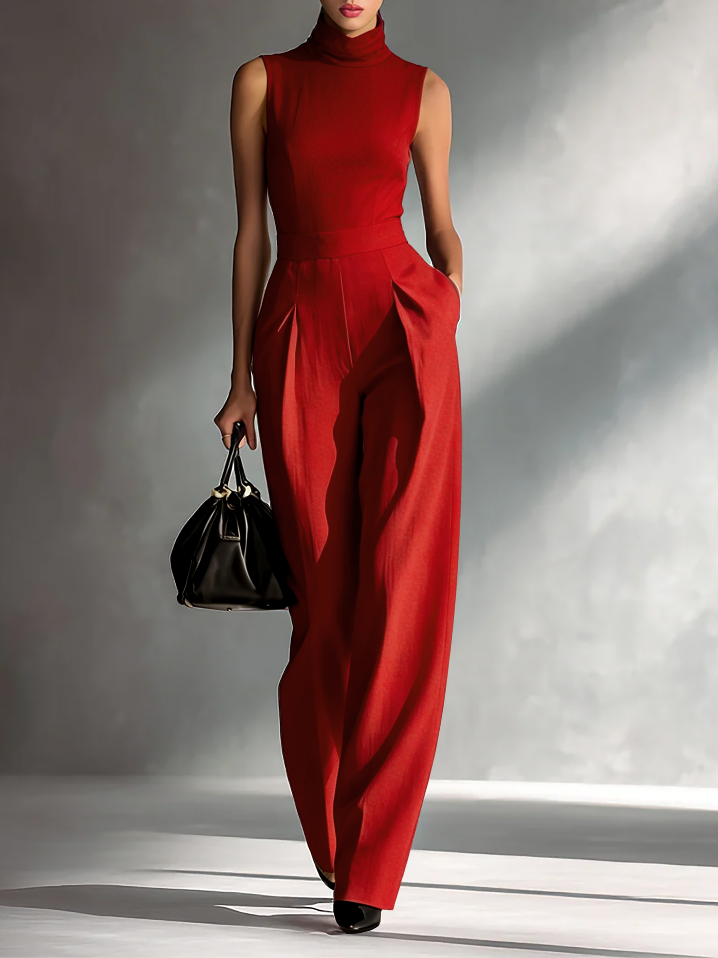 Women's Sleek Cotton-Linen Blend Burgundy Sleeveless Turtleneck Wide-Leg Jumpsuit