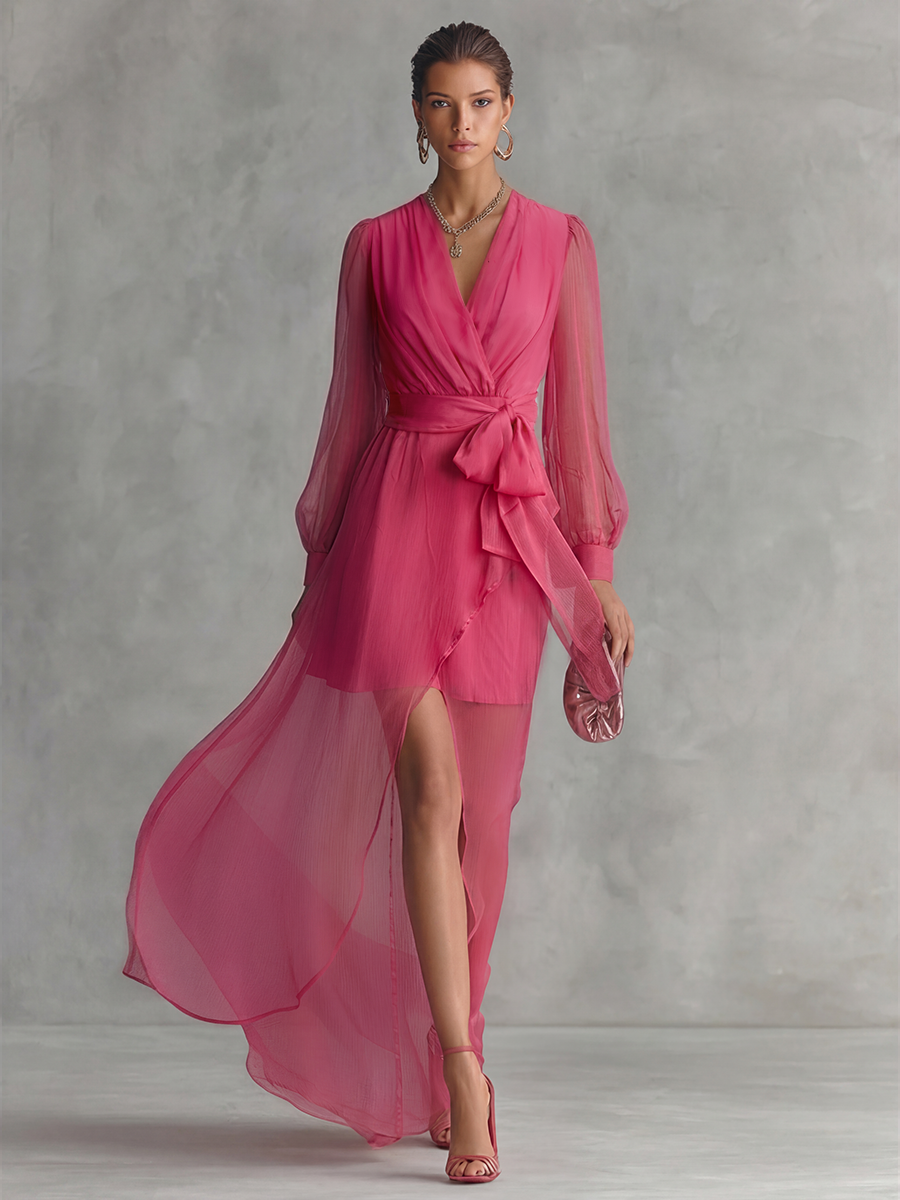 Women's Elegant Rose Pink Pearl Chiffon V-neck Tie-waist Long Dress