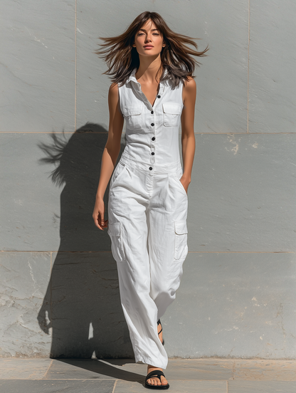 Women's Minimalist Cotton Blend Single-breasted Sleeveless Jumpsuit