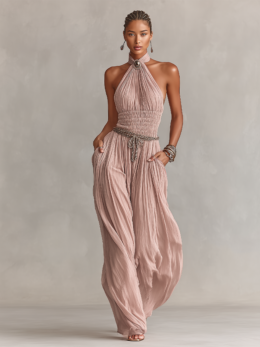 Women's Blush Pleated Jumpsuit With Halter Neck & Ruched Waist, Timeless Romantic-Elegant Style Jumpsuit (without Belt)