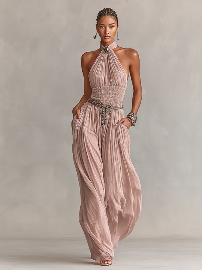 Women's Blush Pleated Jumpsuit With Halter Neck & Ruched Waist, Timeless Romantic-Elegant Style Jumpsuit (without Belt)