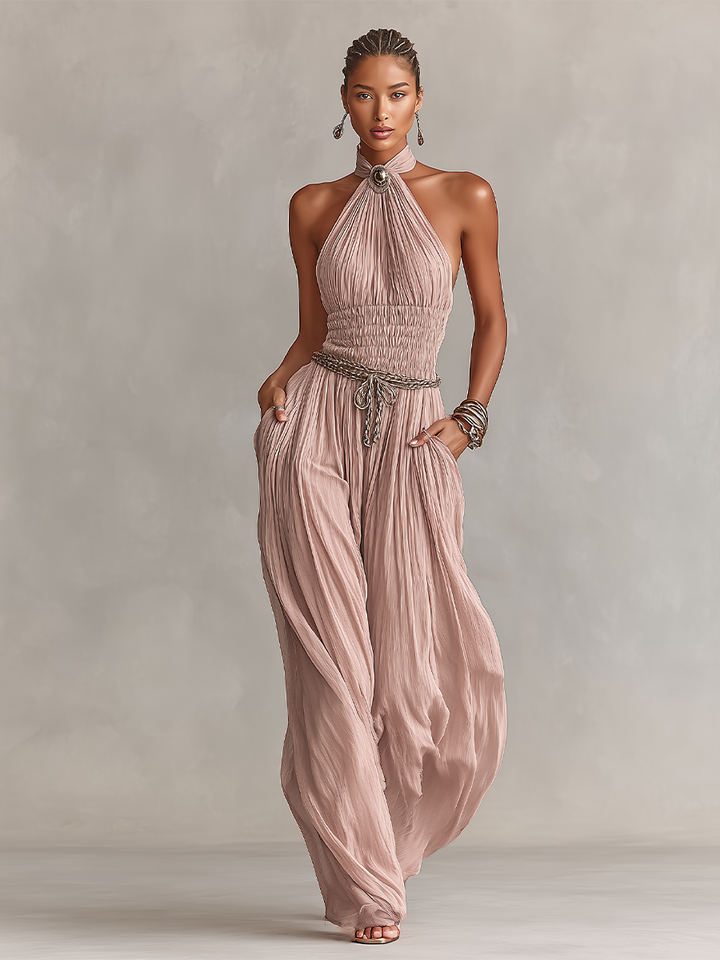 Women's Blush Pleated Jumpsuit With Halter Neck & Ruched Waist, Timeless Romantic-Elegant Style Jumpsuit (without Belt)