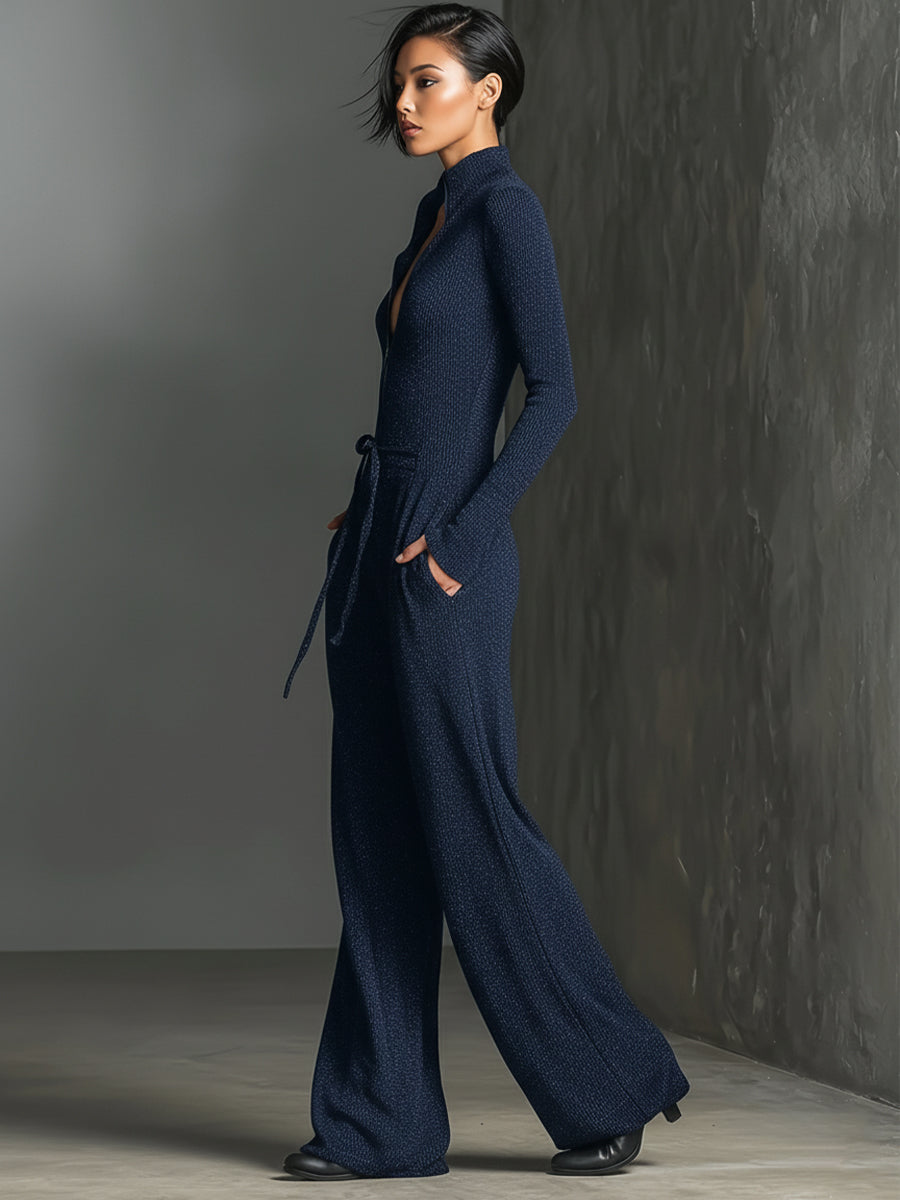 Women's Elegant Knit Sparkling Zipper Front Jumpsuit