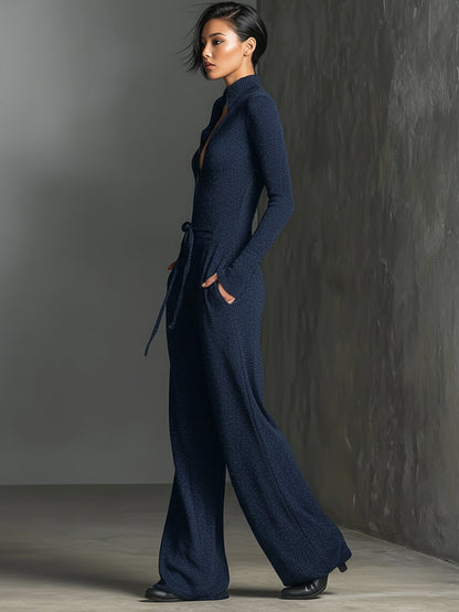 Women's Elegant Knit Sparkling Zipper Front Jumpsuit