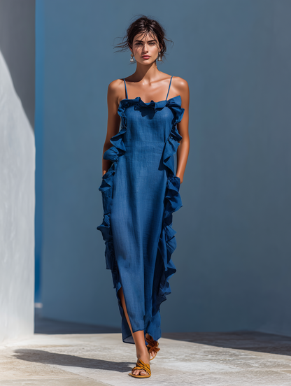 Women’s Blue Linen-Blend Spaghetti Strap Ruffle Trim Maxi Dress With Slit