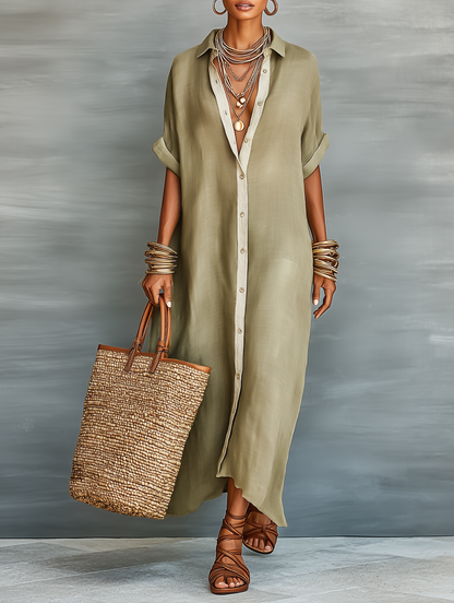 Women's Minimalist Linen Blend Short-sleeved Shirt Maxi Dress