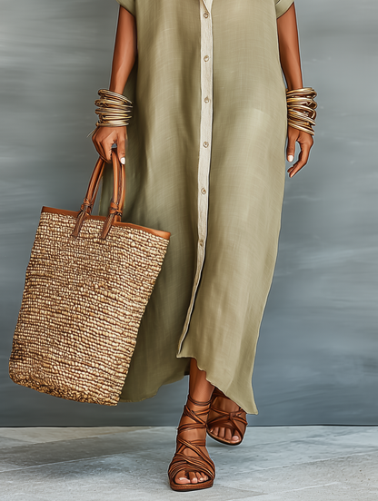 Women's Minimalist Linen Blend Short-sleeved Shirt Maxi Dress