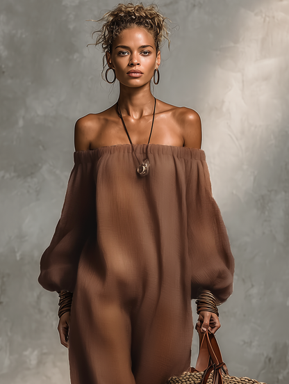 Women's Minimalist Linen Blend Strapless Long-sleeved Jumpsuit