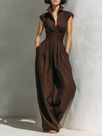 Women's Minimalist Linen Blend Jumpsuit With Cap Sleeves And Wide Legs