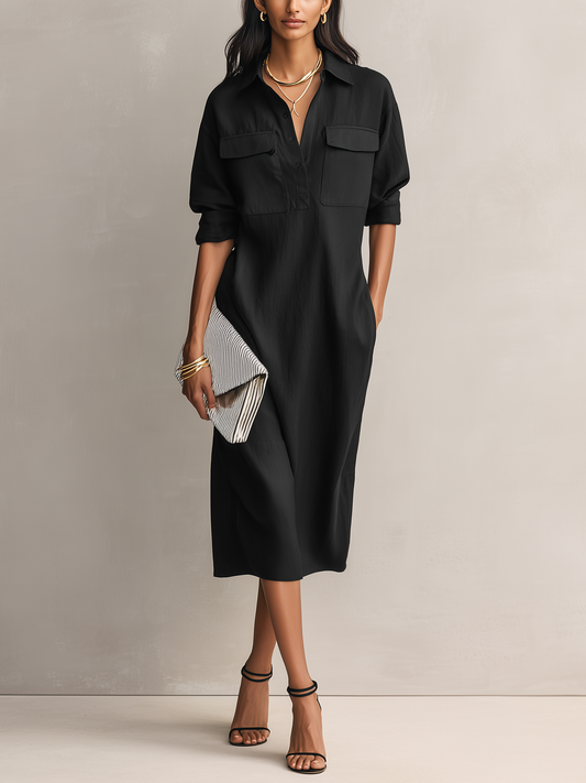 Women's Elegant Black Cotton-linen Blend Shirt Collar Short-sleeved Midi Dress
