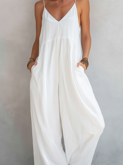 Women's Casual White Cotton-linen Blend Sleeveless Loose Jumpsuit