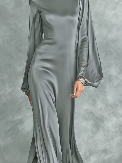 Women's Fashionable Grey Satin High-neck Long-sleeved Loose-fitting Maxi Dress