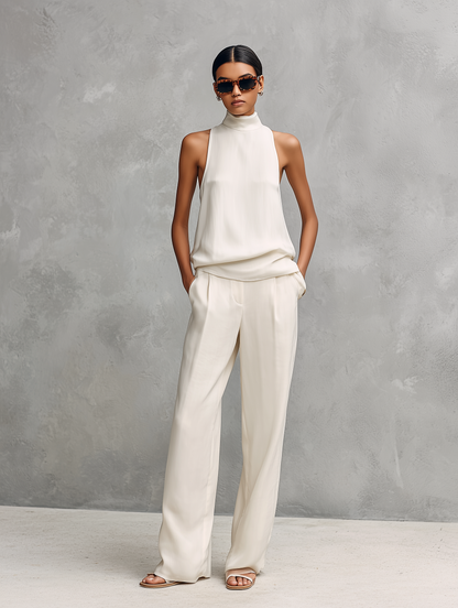 Women's Elegant Black Cotton And Linen Round-neck Sleeveless Top And Trousers Set