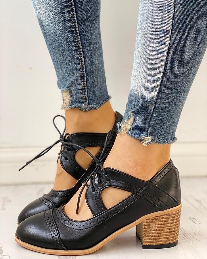 Zapatos de tacón con cordones y tira en forma de T para mujer