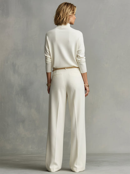 Women's Cream Soft Knit Chic Turtleneck Top & Flowy Wide-Leg Pant Set
