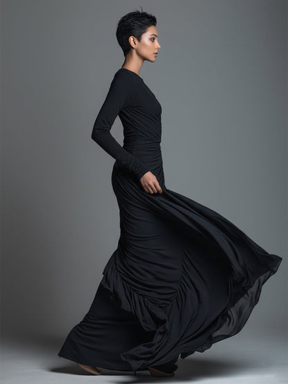 Women's Black Elegant Jersey Knit Ruched Maxi Dress