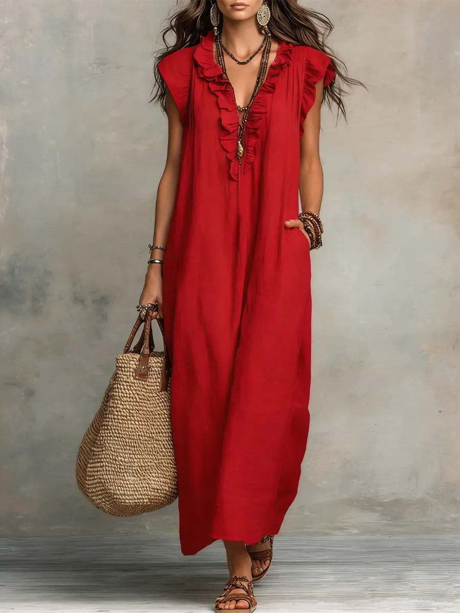 Camélia | Women's Long Linen and Cotton Dress with Ruffles