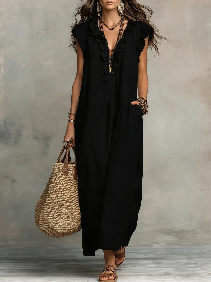 Camélia | Women's Long Linen and Cotton Dress with Ruffles