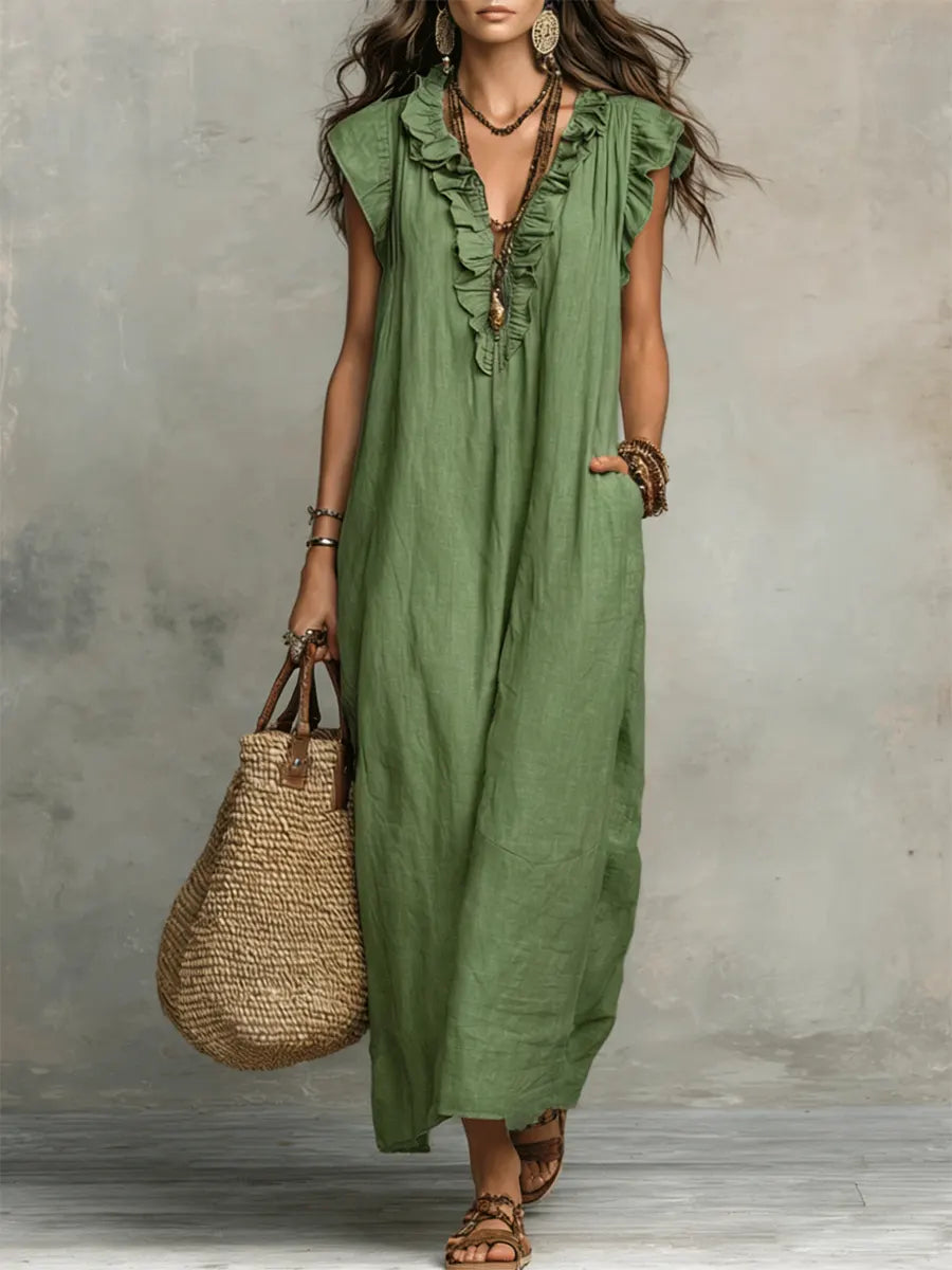 Camélia | Women's Long Linen and Cotton Dress with Ruffles