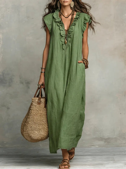 Camélia | Women's Long Linen and Cotton Dress with Ruffles