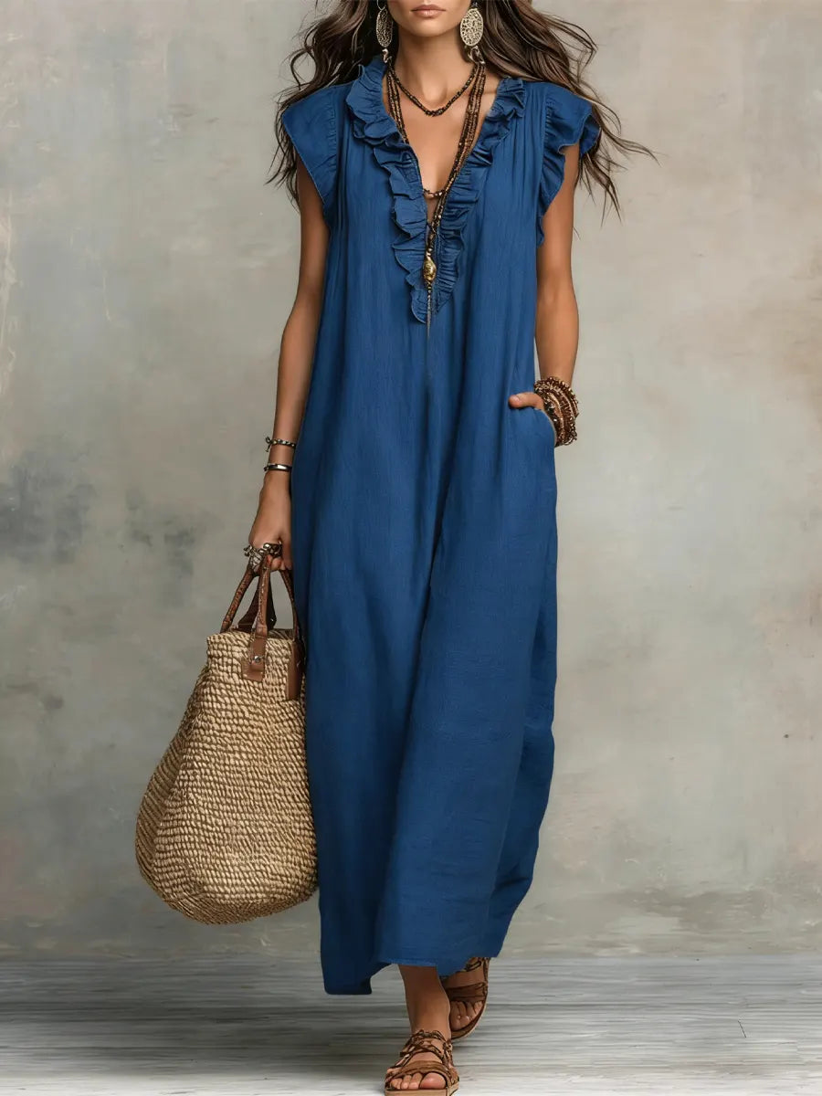 Camélia | Women's Long Linen and Cotton Dress with Ruffles
