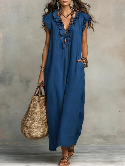 Camélia | Women's Long Linen and Cotton Dress with Ruffles