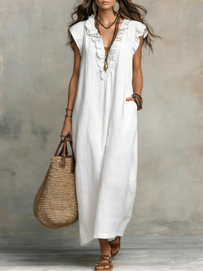 Camélia | Women's Long Linen and Cotton Dress with Ruffles