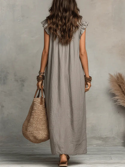 Camélia | Women's Long Linen and Cotton Dress with Ruffles