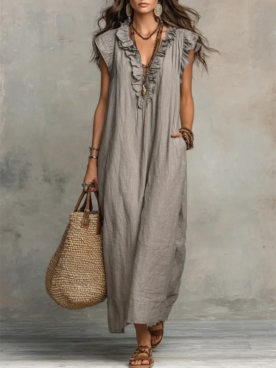Camélia | Women's Long Linen and Cotton Dress with Ruffles