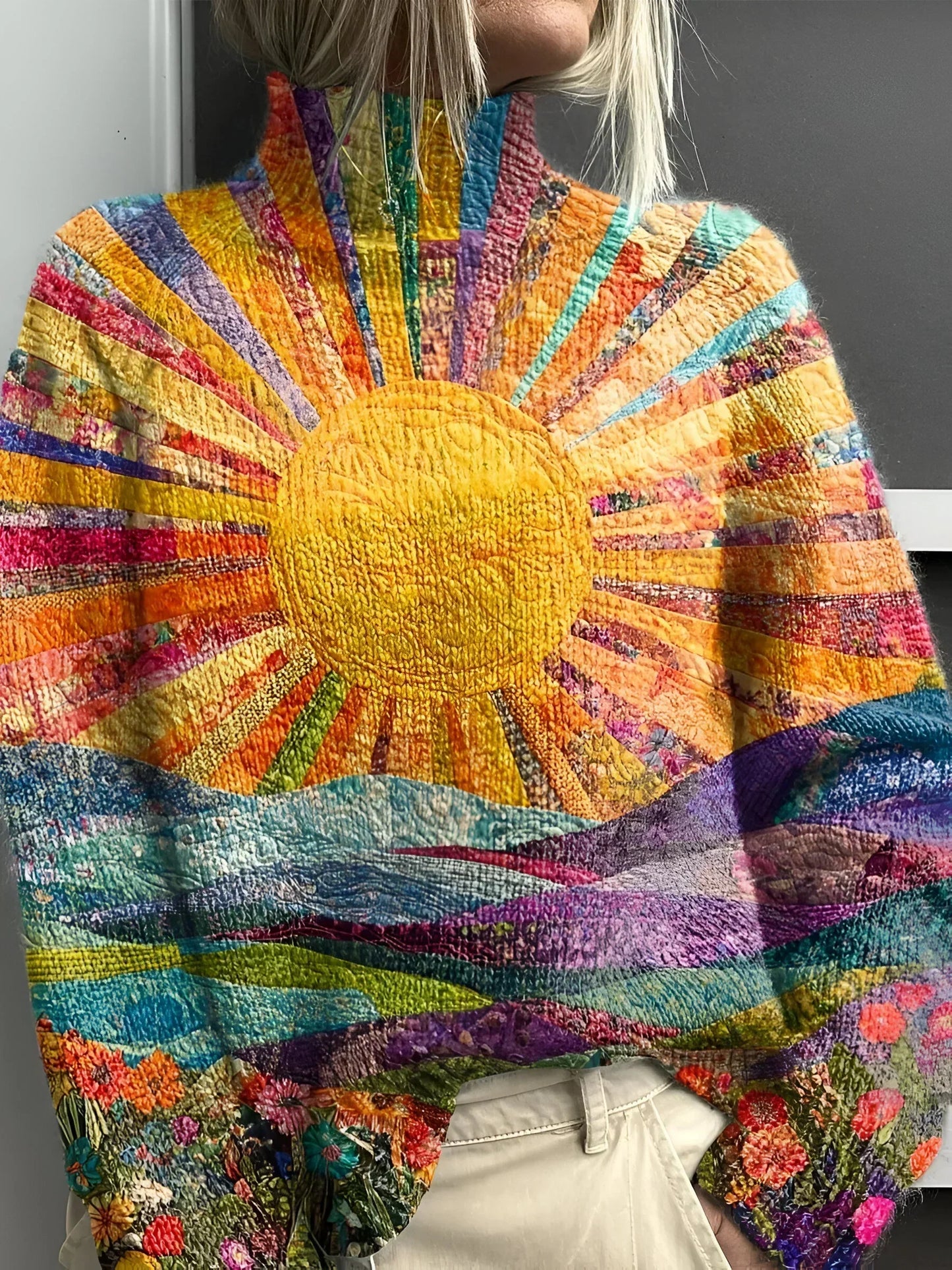 Vibrant Patchwork Turtleneck Sweater