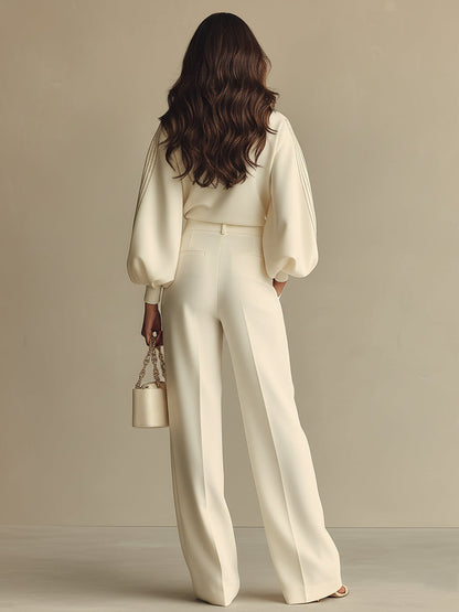 Women's Ivory Textured Set With Ribbed Crew Neck & High-Waisted Bottoms, Modern Sophisticated Style Set