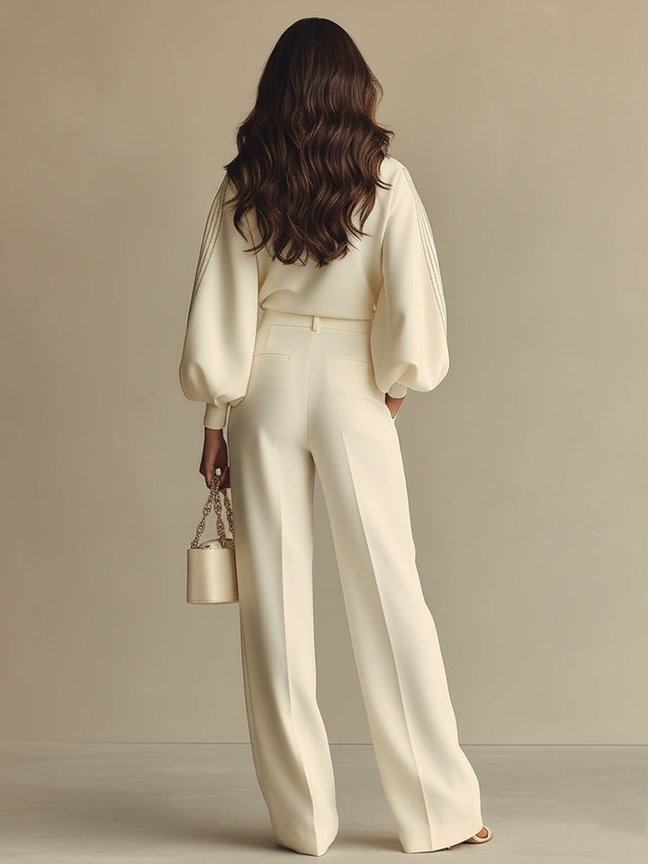 Women's Ivory Textured Set With Ribbed Crew Neck & High-Waisted Bottoms, Modern Sophisticated Style Set