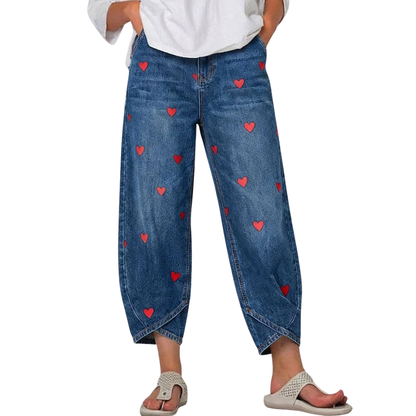 ROMINA | HEART-PRINT DENIM ANKLE TROUSERS