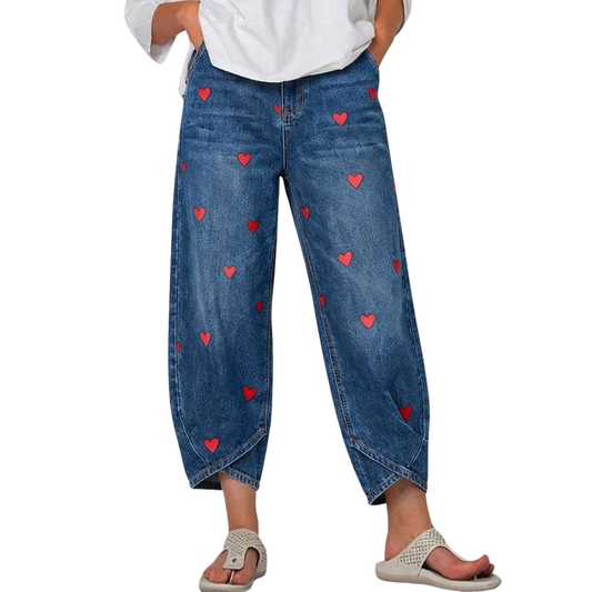 ROMINA | HEART-PRINT DENIM ANKLE TROUSERS