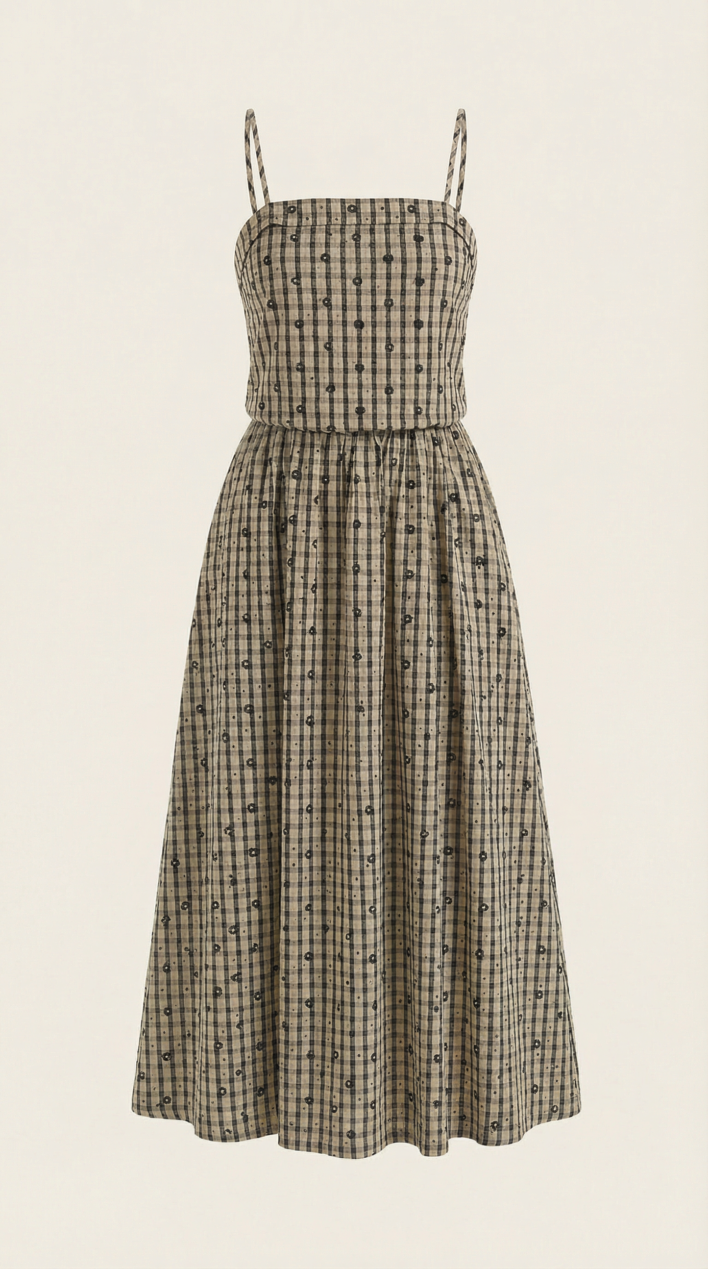 Vestido de verano a cuadros con cuello cuadrado y corte midi
