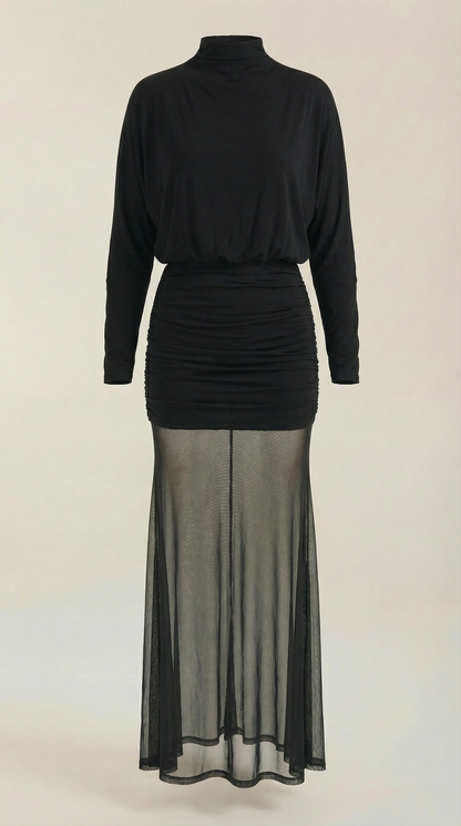 Vestido maxi de malla fruncida