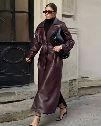 Women’s Winter Leather Maxi Trench Coat